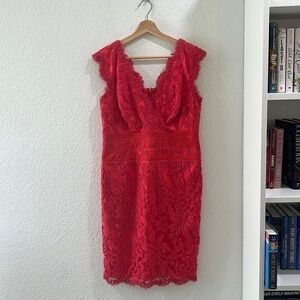 TADASHI SHOJI Women’s Midi Red Lace Embroidered Formal Dress Size 12 P